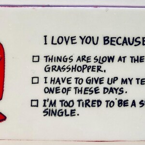 May include: A rectangular white card with the text "I LOVE YOU BECAUSE" and three reasons listed below. A red cartoon character with blue hair and a smiling face is on the left side of the card.