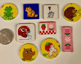 Vintage Garfield, Boynton kitty,mouse,owl,frog,porcupine,strawberry,daisy,Kansas City football, handmade mini magnets