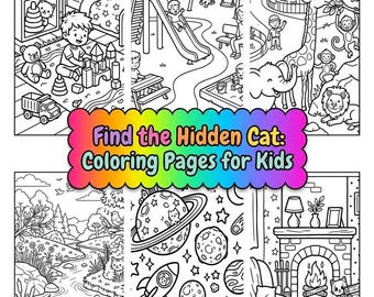 Encuentra el gato escondido: páginas para colorear / Hojas de actividades de rompecabezas de animales / Descarga digital imprimible para niños de 4 a 8 años.