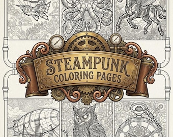 Dibujos para colorear Steampunk para adultos (imprimibles) / Descarga digital de ciencia ficción victoriana en escala de grises / PDF de arte fantástico con engranajes mecánicos y mecanismos de relojería