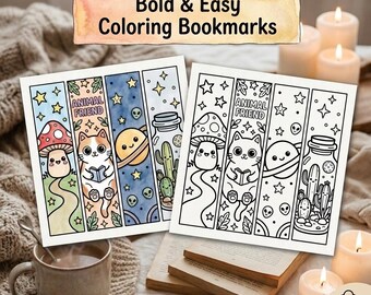 Bold and Easy Coloring Bookmarks Printable, 16 Cute and Cozy Bookmarks to Color, Simple Thick Lines Digital Download, Color Your Own Bookmar