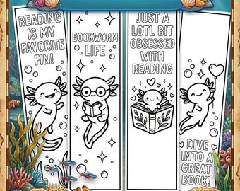 Utskrivbara Axolotl målarbokmärken, söta Axolotl-bokmärken för barn och vuxna, färglägg ditt eget bokmärke, digitala nedladdningsbara PDF-sidmarkörer