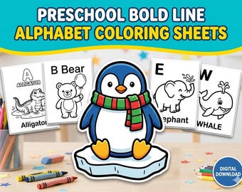 Hojas para colorear del alfabeto con líneas gruesas para preescolar, páginas para colorear del abecedario para niños pequeños, animales grandes y fáciles de la A a la Z, descarga digital, PDF imprimible.
