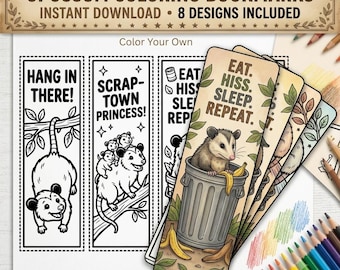 Segnalibri da colorare con opossum stampabili, 8 simpatici disegni di opossum da stampare e colorare, regalo divertente per gli amanti dei libri, download immediato in PDF