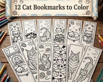 Afdrukbare kattenbladwijzers om in te kleuren: 12 schattige kawaii-katjeontwerpen om af te drukken en te knippen, pdf voor digitaal boekenliefhebber