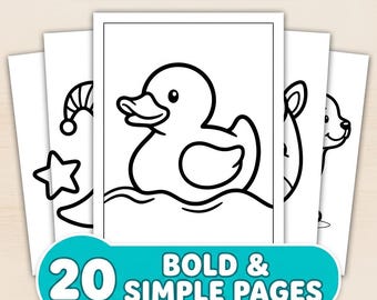 Bold and Simple Coloring Pages for Toddlers, 20 Easy Printable Kids Coloring Book, Cute Animals Digital Download PDF, Thick Lines Activity