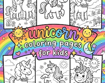 Dibujos para colorear de unicornios para niños (imprimibles) / Hojas de actividades de animales mágicos en PDF / Descarga digital adorable para niños pequeños de 4 a 8 años.