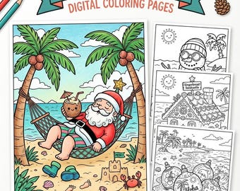 Tropical Christmas Coloring Pages, Christmas in July Printable Coloring Book, Beach Holiday Digital Download, Xmas Activity PDF