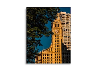 Wrigley Building Clock Tower Print: Chicago Architecture, Golden Light, Vertical Photo Art