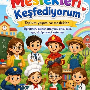 May include: A colorful children's book cover titled Meslekleri Keşfediyorum featuring illustrations of various professionals including a teacher, doctor, firefighter, farmer, police officer, chef, librarian, and veterinarian with a dog and cat.