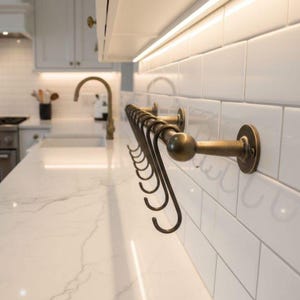 May include: A wall-mounted brass kitchen rail featuring a series of matching S-shaped hooks suspended from the horizontal bar. The hardware is finished in a muted metallic tone and is attached to a white subway tile backsplash in a kitchen.