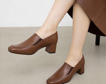 Handmade Square Toe Loafer Pumps, Brown Mid Block Heel Dress Shoes, Genuine Leather Women Heeled Loafers, Comfortable Custom Office Shoes