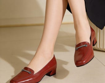 Burgundy Leather Loafer Pumps - Vintage Style Block Heel Loafers - Red Square Toe Work Shoes - Metal Hardware Office Heels - Preppy Shoes