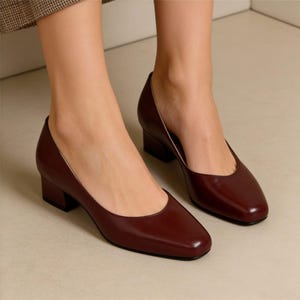Burgundy Leather Low Block Heels - Square Toe Wine Red Pumps - Comfortable Low Heel Office Shoes - Minimalist Vintage Style Slip On Heels