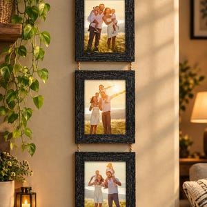 May include: A vertical wall hanging display featuring three rectangular black textured frames connected by natural jute rope. Each frame contains a photograph of a family in a grassy field at sunset, suspended from a single hook by a rope loop.