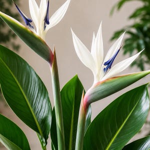 Puede incluir: Dos flores ave del paraíso blancas con centros azul intenso y pétalos puntiagudos. Las flores están sostenidas por tallos verdes largos y delgados que emergen de grandes hojas de color verde oscuro brillante con venas marcadas.