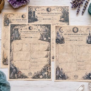 May include: Three rectangular paper sheets titled My Moon Water Recipes with a vintage parchment aesthetic. The pages feature intricate black ink illustrations of crystals, mushrooms, cauldrons, and moon phases, with structured fields for recording ingredients, dates, and notes.