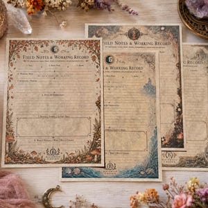 May include: Three rectangular paper sheets titled Field Notes & Working Record with vintage-style parchment backgrounds. Each sheet features decorative borders with botanical illustrations, lined sections for notes, and the Blackwood & Moon logo.