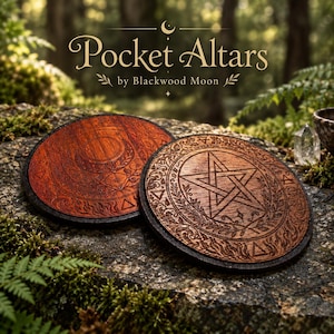 May include: Two circular wooden discs featuring intricate laser-engraved designs. One disc displays a central pentagram surrounded by botanical motifs and elemental symbols, while the other shows a crescent moon. Text reads Pocket Altars by Blackwood Moon.