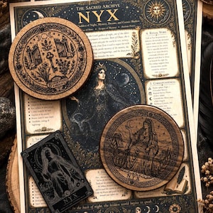 May include: A collection of items featuring the goddess Nyx, including a large informational print titled The Sacred Archive NYX, a round cork coaster with a key and gate design, a round wooden coaster with a seated figure, and a rectangular card.