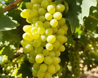 Könnte beinhalten: Eine große, dichte Traube aus ovalen, hellgrünen Weintrauben, die an einem Weinstock hängt. Die Beeren sind durchscheinend und variieren leicht im Farbton von blassem Gelbgrün bis zu hellem Limettengrün, umgeben von großen, gezackten, dunkelgrünen Weinblättern.
