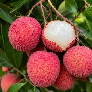 May include: A cluster of lychee fruits hanging from a branch with green leaves. The fruits have a textured, bumpy, reddish-pink outer skin. One fruit is partially peeled, revealing the translucent, white, fleshy pulp inside the rind.