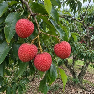 May include: A cluster of four ripe lychee fruits hanging from a branch. The fruits have a textured, bright red, bumpy skin. They are surrounded by long, pointed, dark green leaves on a tree with visible woody stems and branches in an orchard.