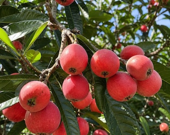 Könnte beinhalten: Eine Ansammlung runder, leuchtend roter Früchte, die an einem Ast hängen. Die Früchte haben eine glatte, feste Schale und kleine, dunkle, sternförmige Kelchblätter an der Basis. Sie sind von langen, spitzen, dunkelgrünen Blättern umgeben.