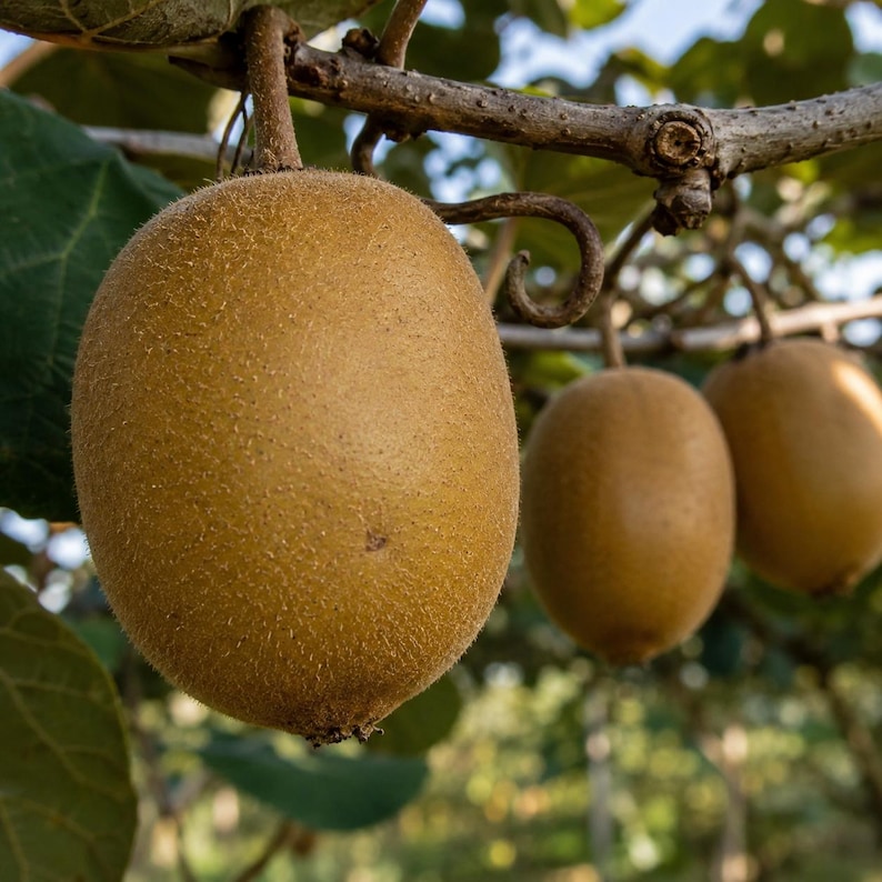 May include: A cluster of three oval-shaped kiwi fruits hanging from a woody vine. Each fruit features a textured, light brown, fuzzy skin. The fruits are attached to the branch by thin, firm stems, with green leaves visible in the background.