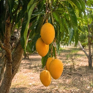 May include: A cluster of five ripe, golden-yellow mangoes hanging from a tree branch. The fruit is oval-shaped with smooth skin, suspended by thin stems amidst long, narrow, dark green leaves that provide shade to the fruit in the orchard.