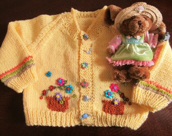 Child's Hand Knitted Sweater - Girl.  Size 3-5 years old , Easy to Wash.  Flowers Pots. Sizes 2-4 years old made to Order