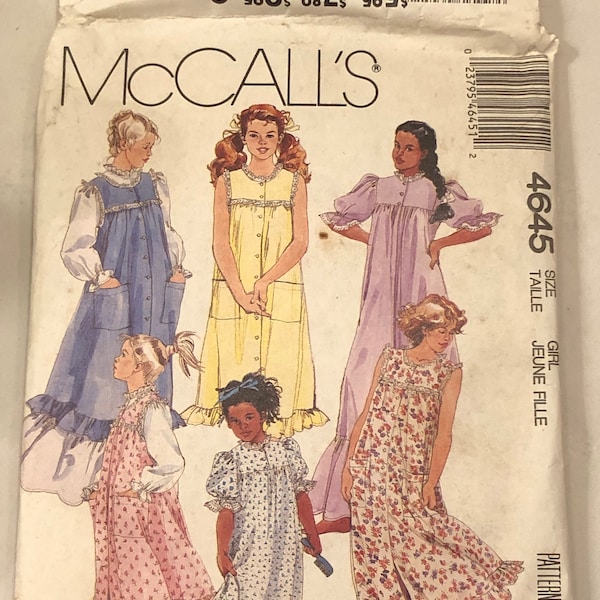 Vintage McCall's 4645, Girl Sizes 7, 8-10, 12-14, Dress Pattern Uncut, Pinafore, Night gown, Prairie Dress