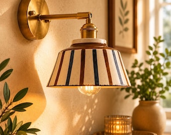Ceramic Wall Sconce Adjustable Lamp Bedside Reading Light Japandi Fixture Bedroom Lighting Nordic Modern Striped Pottery Shade Copper Arm