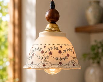 Lampada a sospensione in ceramica dipinta a mano con motivi floreali, lampada a sospensione per isola cucina, lampadario a sospensione, soffitto in legno stile giapponese, stile cottagecore