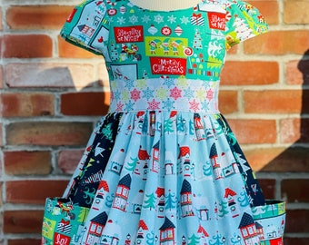 6Y Green & Blue Christmas Wonderland Dress //Christmas Dress // Classic Christmas Dress