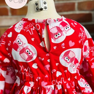 May include: Red dress with a white and pink owl print. The dress has long sleeves and a button closure in the back. The dress has the text "Owl & Yours" repeated on the fabric.