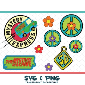 Puede incluir: Un conjunto gráfico digital que presenta una furgoneta azul y verde etiquetada como The Mystery Machine dentro de un marco circular con el texto Mystery Express, tres signos de paz con flores, una etiqueta en forma de diamante SD y flores naranjas, rojas y moradas.