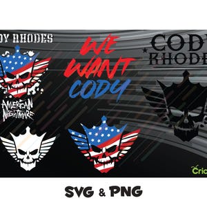 Puede incluir: Un diseño gráfico digital que presenta el texto CODY RHODES, AMERICAN NIGHTMARE y WE WANT CODY. La imagen incluye varios iconos de calaveras con alas, algunos con el patrón de la bandera estadounidense en rojo, blanco y azul, y otros en negro o blanco.