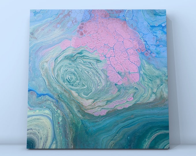 Blue Mist- Blue, Green and Pink Paint Pouring- Original One of a Kind Acrylic Fluid Art Painting- 12" x 12"