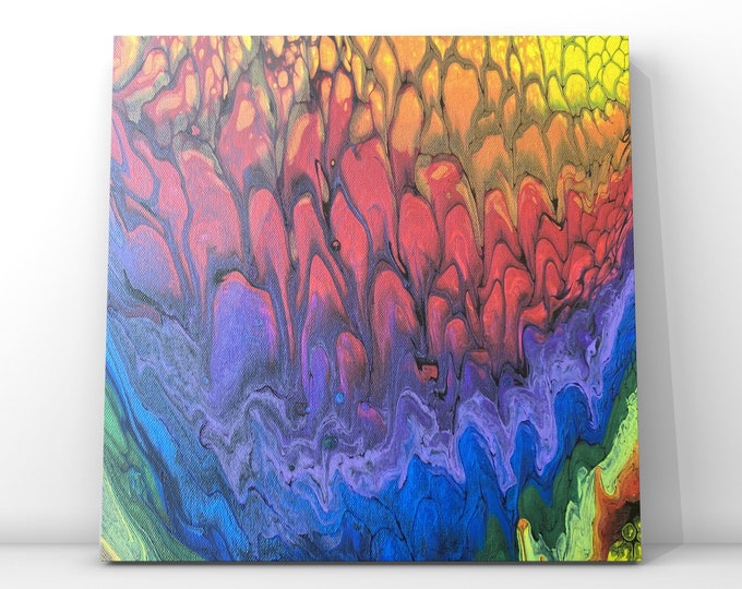 Rainbow Fractals- Original One of a Kind Acrylic Fluid Art Painting- 12" x 12"