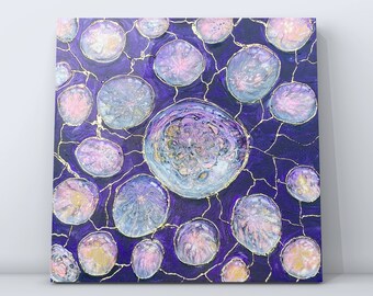 Thought Bubbles- Original, One of a Kind, Acrylic Fluid Art Canvas Painting with Gilded Detail 10" x 10"