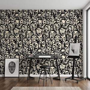 African Mask Aesthetic Wallpaper Black and White Wall Mural