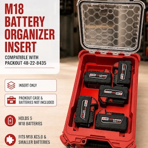 May include: A red plastic battery organizer insert designed for a Packout 48-22-8435 case. The insert features five molded slots holding M18 Redlithium XC5.0 batteries. Text on the image reads M18 Battery Organizer Insert, Compatible with Packout 48-22-8435.