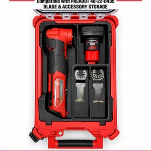 May include: A red plastic organiser insert for an M12 Fuel Multi-Tool, model 2526-20, compatible with Packout 48-22-8435. The insert features moulded black compartments holding a red and black multi-tool, a battery, and two metal blades.