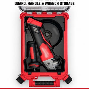 Puede incluir: Un inserto organizador negro para amoladora M18 FUEL 2880-20, diseñado para un maletín rojo PACKOUT 48-22-8435. El inserto cuenta con compartimentos moldeados para amoladora, protector, mango y llave. Texto: M18 FUEL GRINDER ORGANIZER INSERT 2880-20.