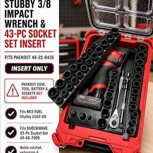 May include: A red plastic tool case insert designed for an M12 Fuel Stubby 3/8 impact wrench and a 43-piece socket set. The insert features molded compartments for the wrench, sockets, a ratchet, an extension, and adapters. Text on the image reads M12 FUEL STUBBY 3/8 IMPACT WRENCH & 43-PC SOCKET SET INSERT, FITS PACKOUT 48-22-8435, INSERT ONLY, and notes that the case, tool, battery, and sockets are not included.