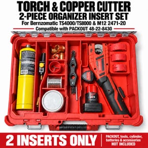 May include: A red plastic tool organizer insert set for a storage case. The text reads: TORCH & COPPER CUTTER 2-PIECE ORGANIZER INSERT SET For Bernzomatic TS4000/TS8000 & M12 2471-20 Compatible with PACKOUT 48-22-8430. 2 INSERTS ONLY.