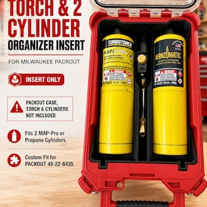 May include: A red plastic organizer insert for a Milwaukee Packout case, featuring two vertical slots holding yellow gas cylinders and a central torch. Text on the image reads: TORCH & 2 CYLINDER ORGANIZER INSERT FOR MILWAUKEE PACKOUT, INSERT ONLY, PACKOUT CASE, TORCH & CYLINDERS NOT INCLUDED, Fits 2 MAP-Pro or Propane Cylinders, Custom Fit for PACKOUT 48-22-8435.