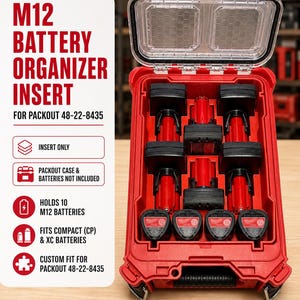 Puede incluir: Un inserto organizador de baterías de plástico rojo para maletín Packout 48-22-8435, con ranuras para 10 baterías M12. El texto indica M12 BATTERY ORGANIZER INSERT FOR PACKOUT 48-22-8435, INSERT ONLY, PACKOUT CASE & BATTERIES NOT INCLUDED.