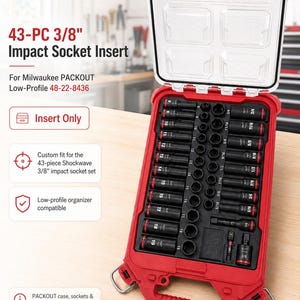 Peut inclure: Un plateau d'insertion pour douilles à chocs 3/8" de 43 pièces en plastique rouge, conçu pour un organisateur Milwaukee PACKOUT à profil bas. Le plateau comporte des fentes moulées contenant diverses douilles en métal noir.